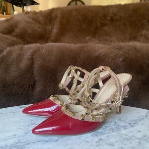 BCBGeneration || Red Colored || Pointed Toe || Gold Studded || Nude Straps
